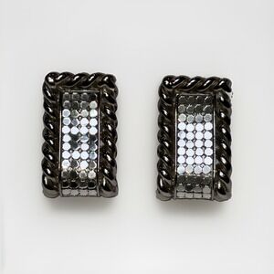 Vtg Whiting Davis Pierced Earrings Silver Tone Braced Mesh With Rope Scroll Rare